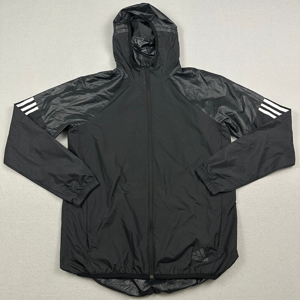 adidas Jacket Men Small Black Windbreaker Hooded Full Zip Lightweight Running S